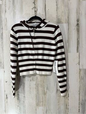 Striped Zip Hoodie - White & Brown
